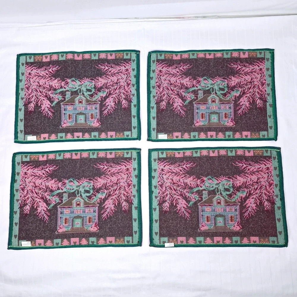 Vintage Christmas Tapestry Placemats Set Holiday Cottage Winter Decor 17.5x13